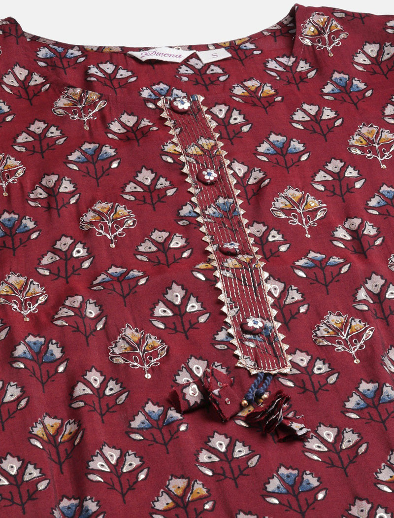Maroon Ethnic Chanderi Kurta Pant Set