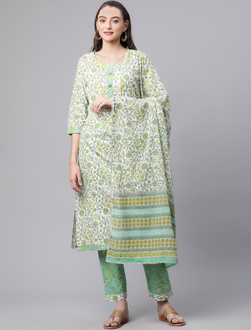 White Cotton Straight Ethnic Kurta Pant Set with Dupatta