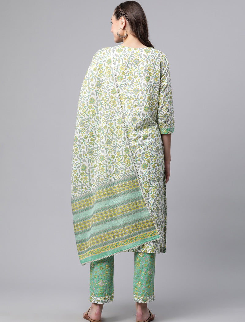 White Cotton Straight Ethnic Kurta Pant Set with Dupatta