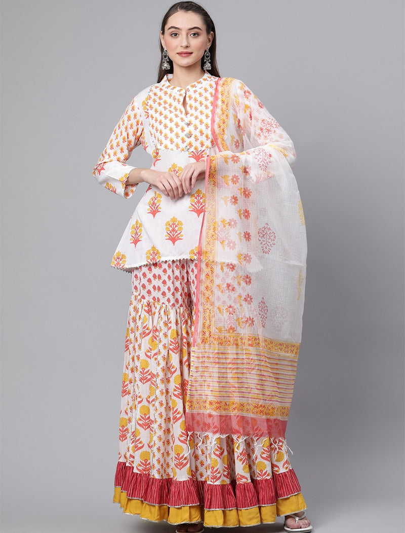 Yellow White Ethnic Peplum Top Sharara Set with Dupatta