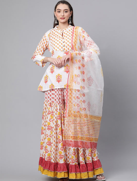 White Floral Printed Pure Cotton Kurta with Sharara & Dupatta Kurta Sets For Women