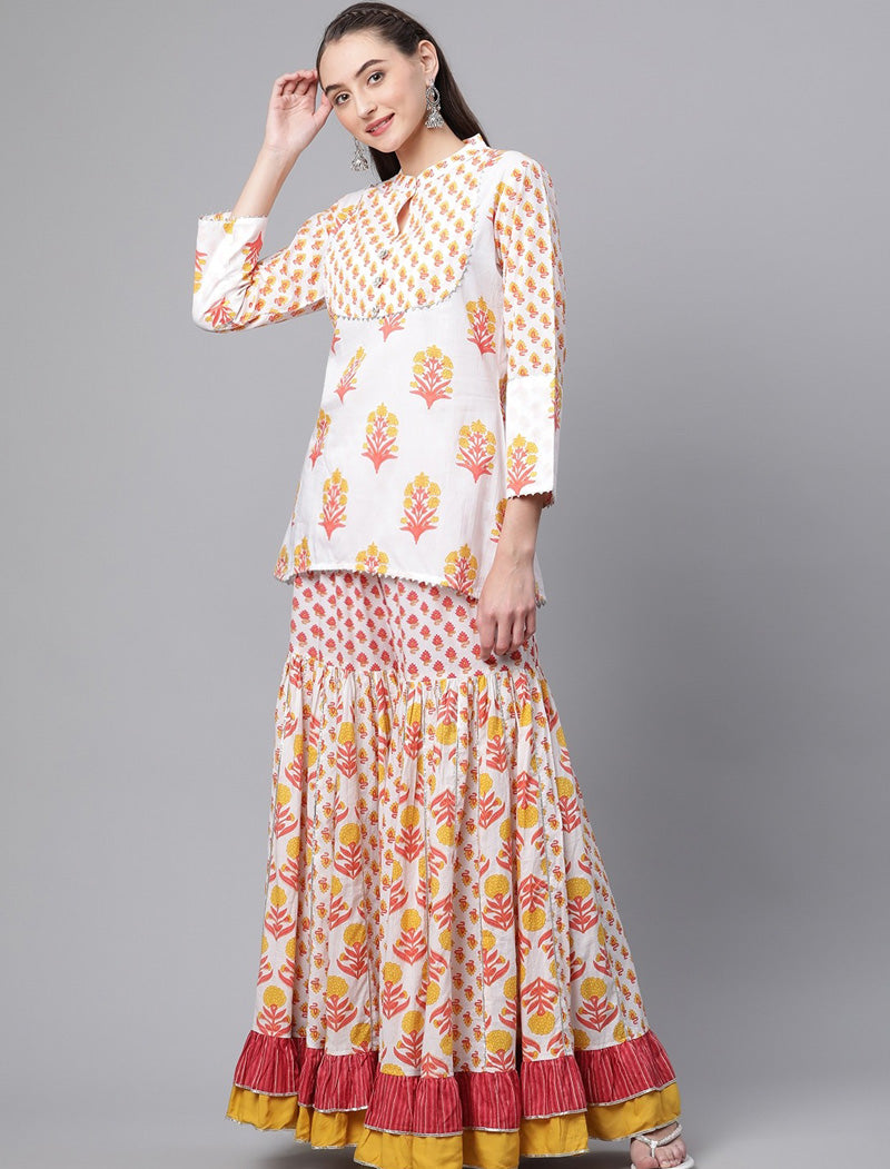 Yellow White Ethnic Peplum Top Sharara Set with Dupatta