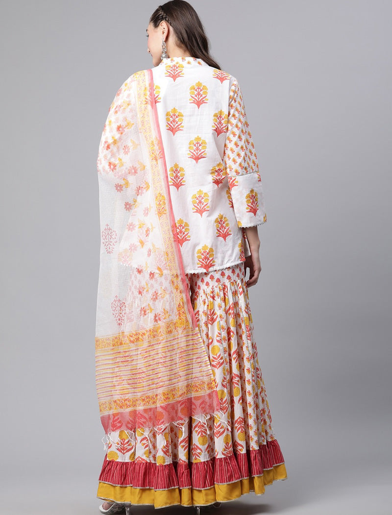 Yellow White Ethnic Peplum Top Sharara Set with Dupatta