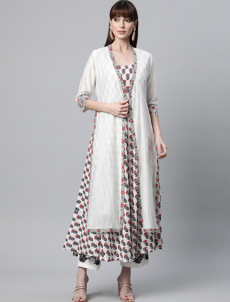 White Floral Ethnic Kurta Pant Set with Chanderi Shurg