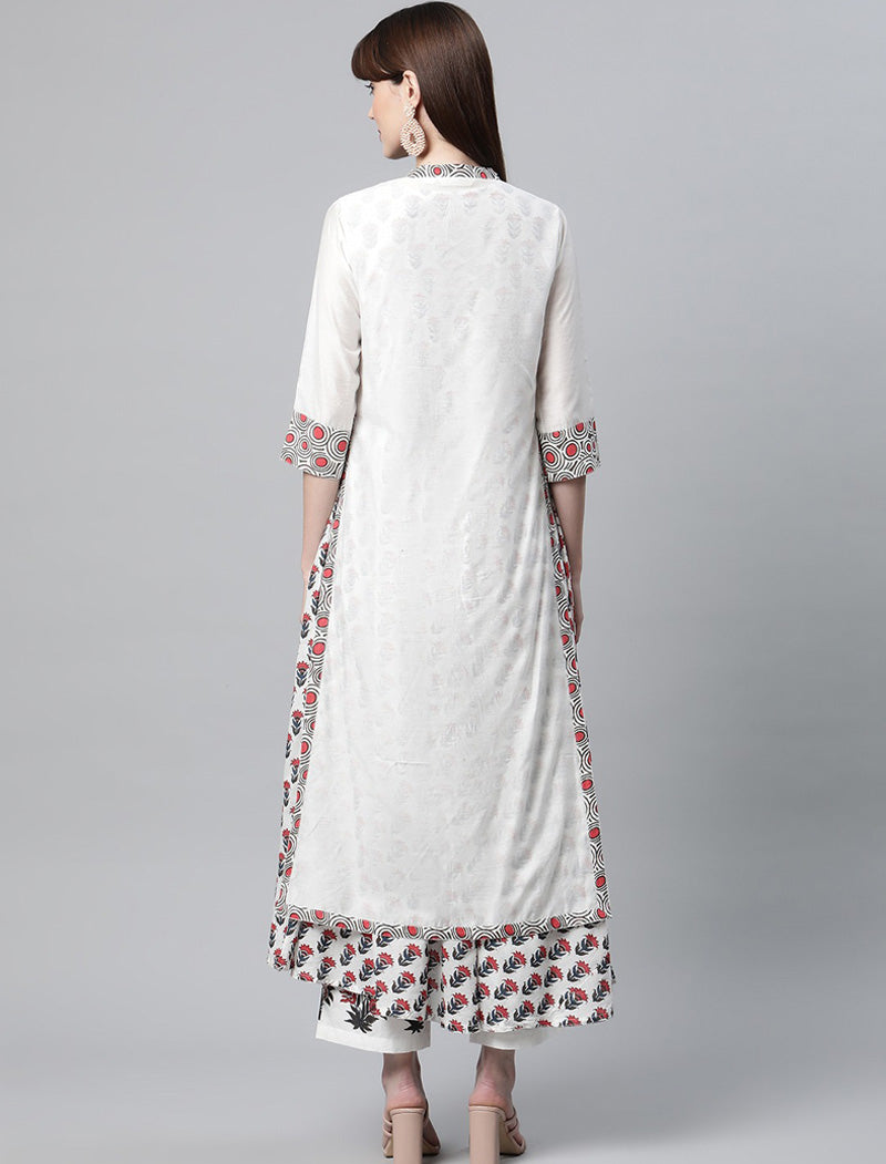 White Floral Ethnic Kurta Pant Set with Chanderi Shurg
