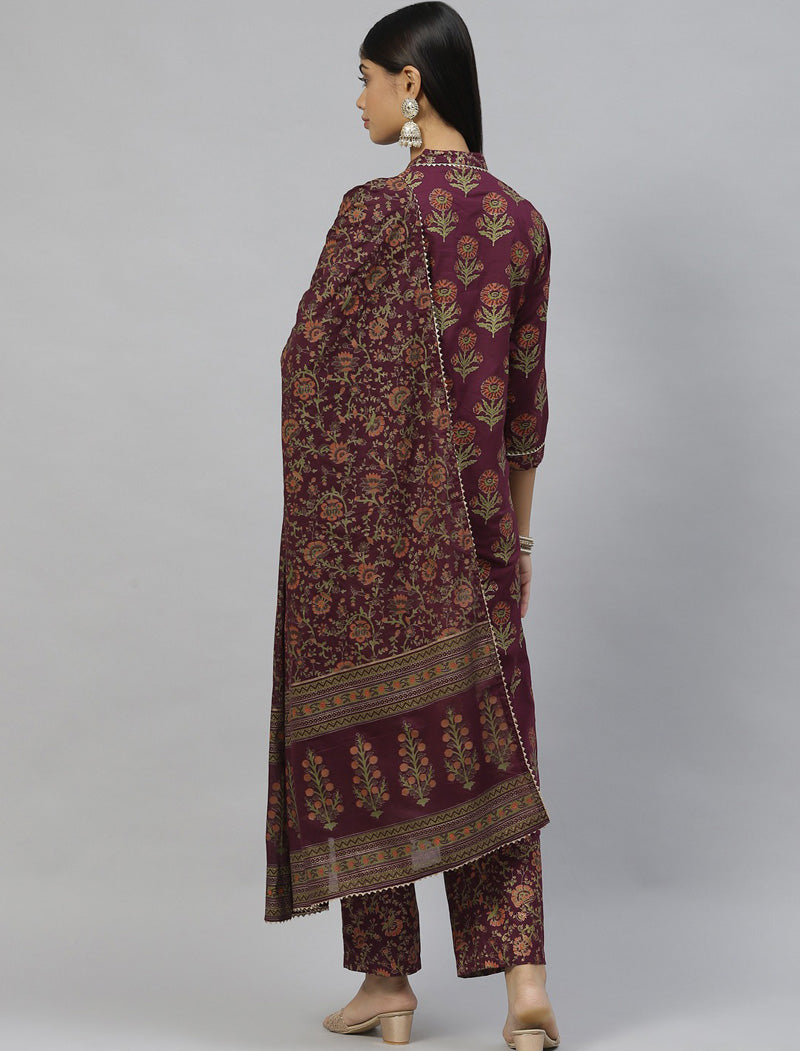 Ethnic Purple Cotton Straight Kurta Pant Set with Dupatta