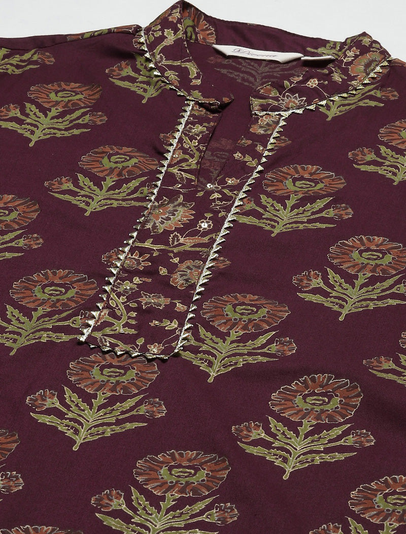 Ethnic Purple Cotton Straight Kurta Pant Set with Dupatta