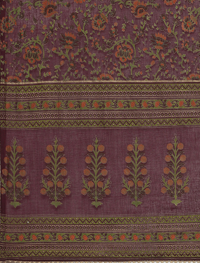Ethnic Purple Cotton Straight Kurta Pant Set with Dupatta