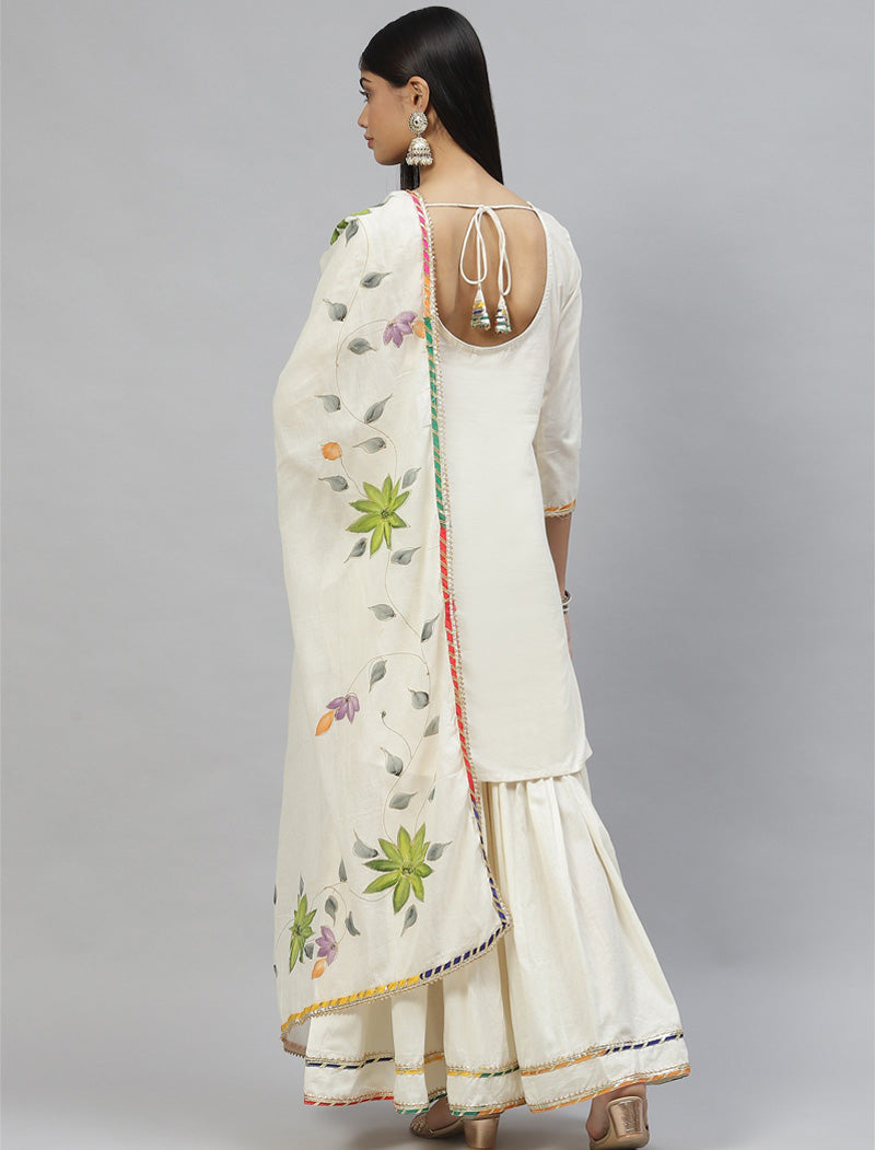 Cream Solid Kurta Sharara Set with Hand Painted Dupatta