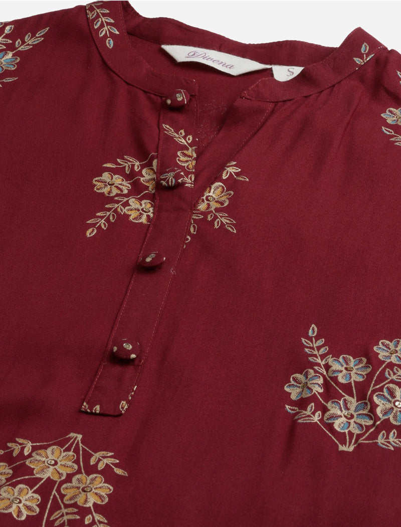 Ethnic Maroon Rayon Kurta Pant Set with kota doria Dupatta