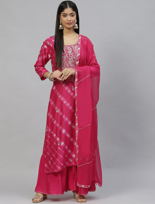 Pink & White Leheriya Printed Kurta with Sharara & Dupatta Kurta Sets For Women