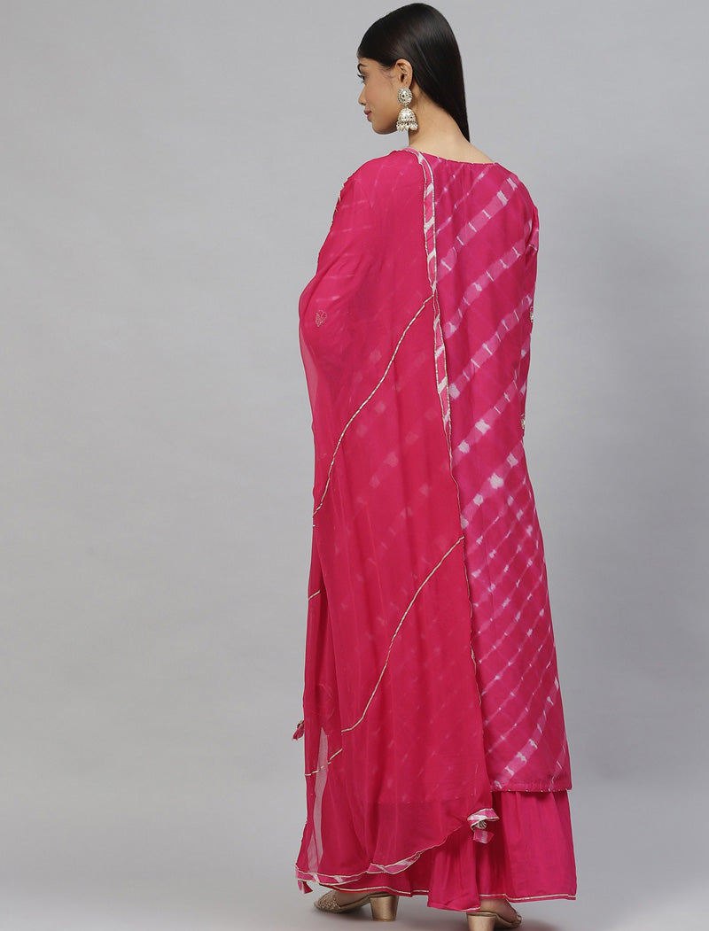 Pink & White Leheriya Ethnic Printed Kurta Sets with Sharara & Dupatta
