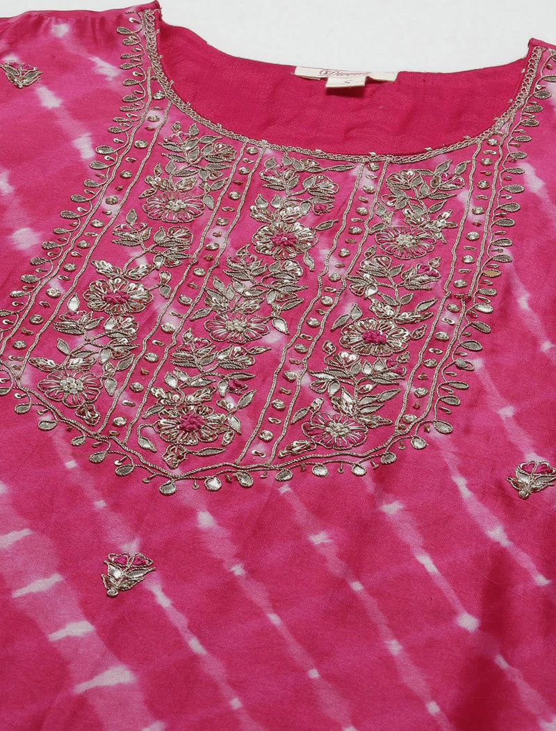 Pink & White Leheriya Ethnic Printed Kurta Sets with Sharara & Dupatta