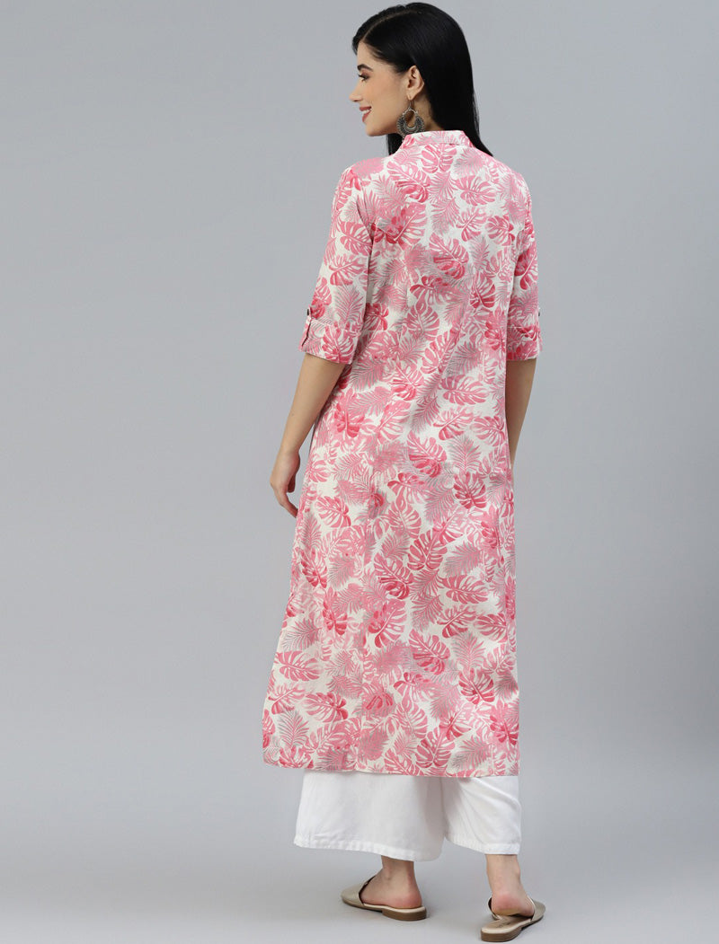 Women Pink & White Floral Printed Short Roll-up Sleeves Kurta