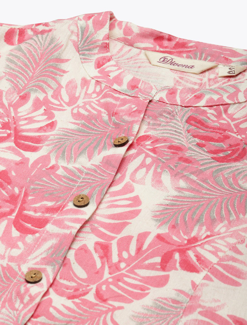 Women Pink & White Floral Printed Short Roll-up Sleeves Kurta