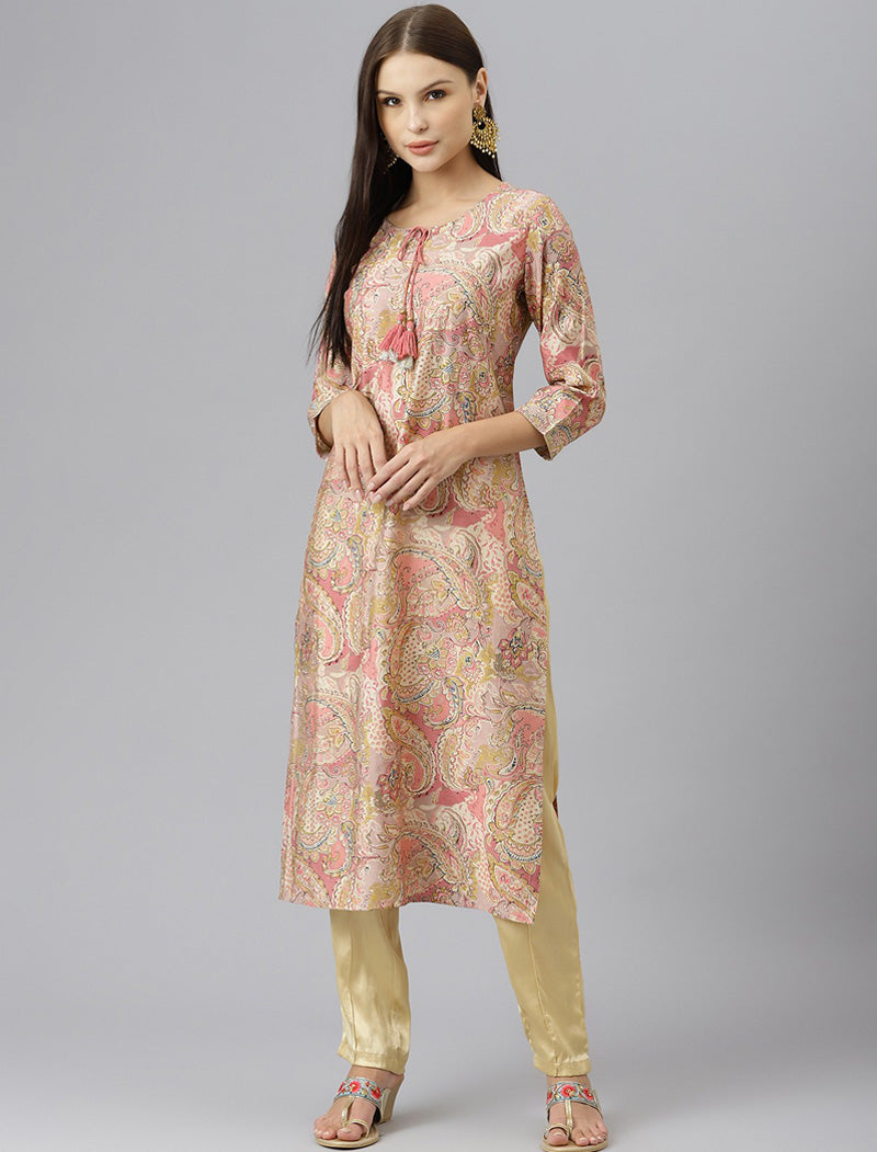 Women Peach-Coloured & Pink Ethnic Motifs Print Sequinned Detail Kurta