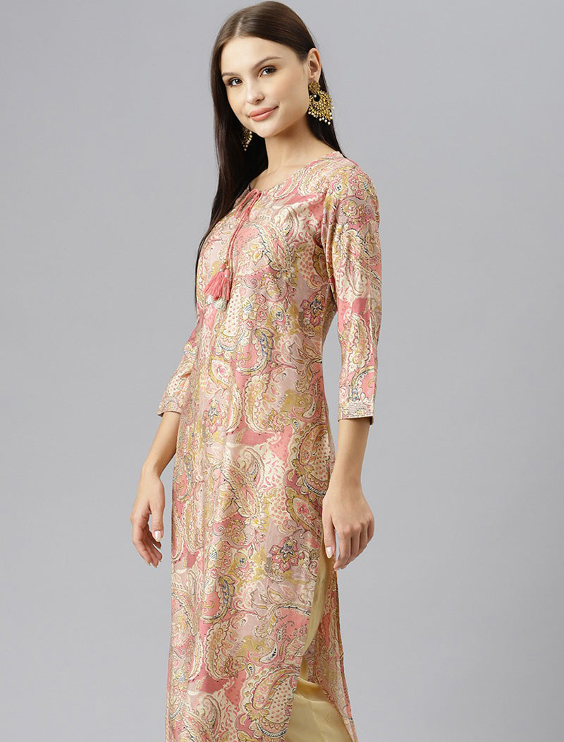 Women Peach-Coloured & Pink Ethnic Motifs Print Sequinned Detail Kurta