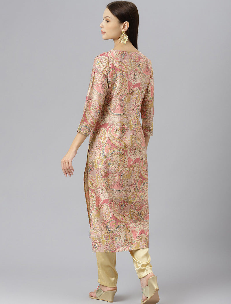 Women Peach-Coloured & Pink Ethnic Motifs Print Sequinned Detail Kurta