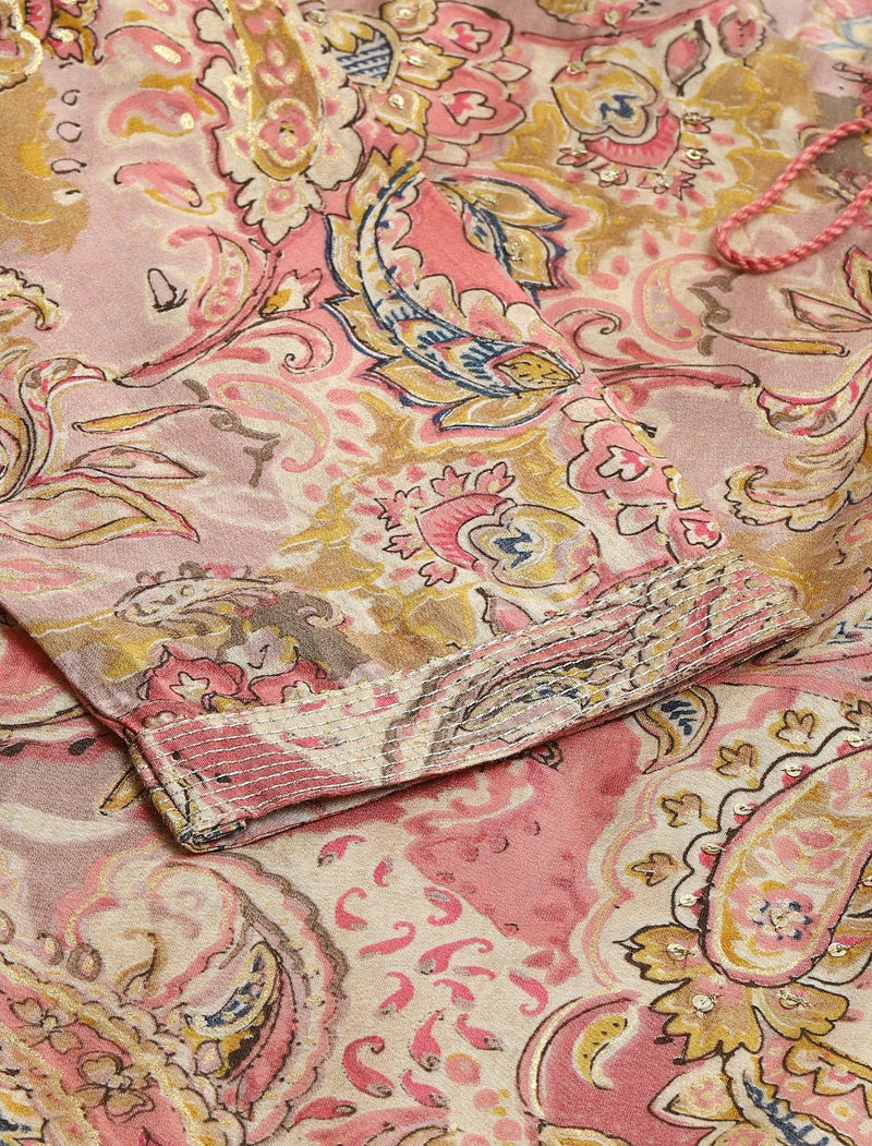 Women Peach-Coloured & Pink Ethnic Motifs Print Sequinned Detail Kurta