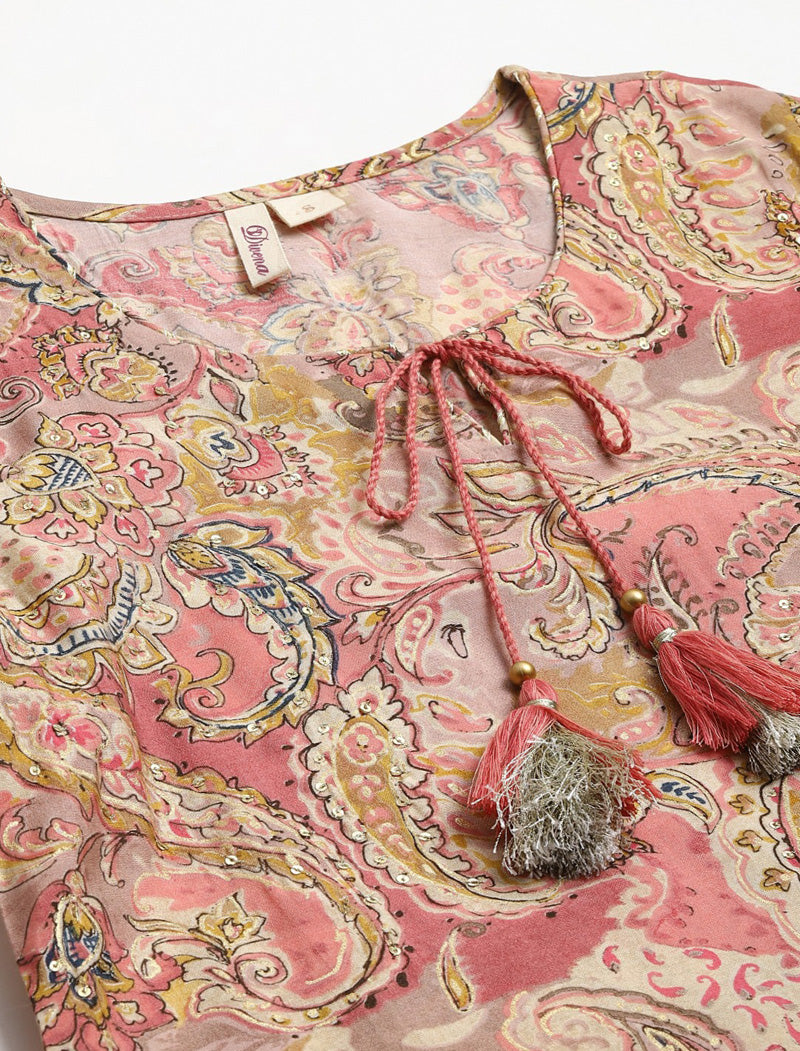 Women Peach-Coloured & Pink Ethnic Motifs Print Sequinned Detail Kurta