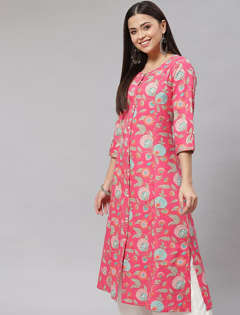 Pink Cotton Flex Ethnic Floral Print A-line Shape Kurta