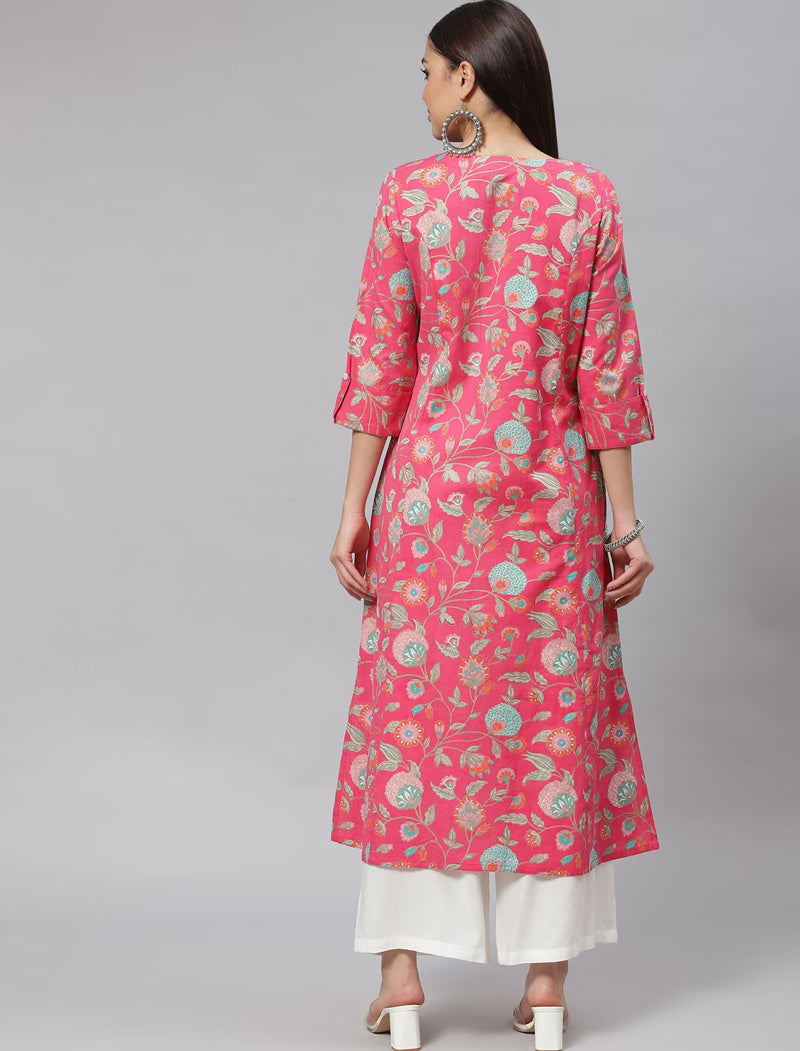 Pink Cotton Flex Ethnic Floral Print A-line Shape Kurta