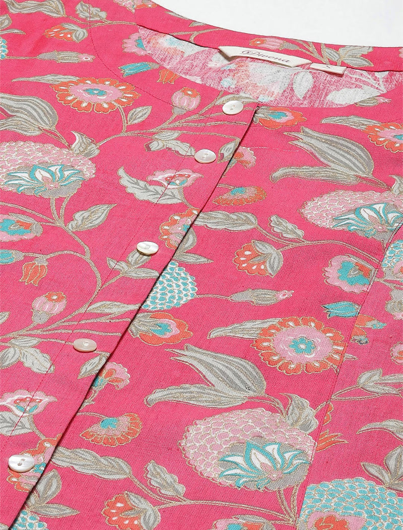 Pink Cotton Flex Ethnic Floral Print A-line Shape Kurta