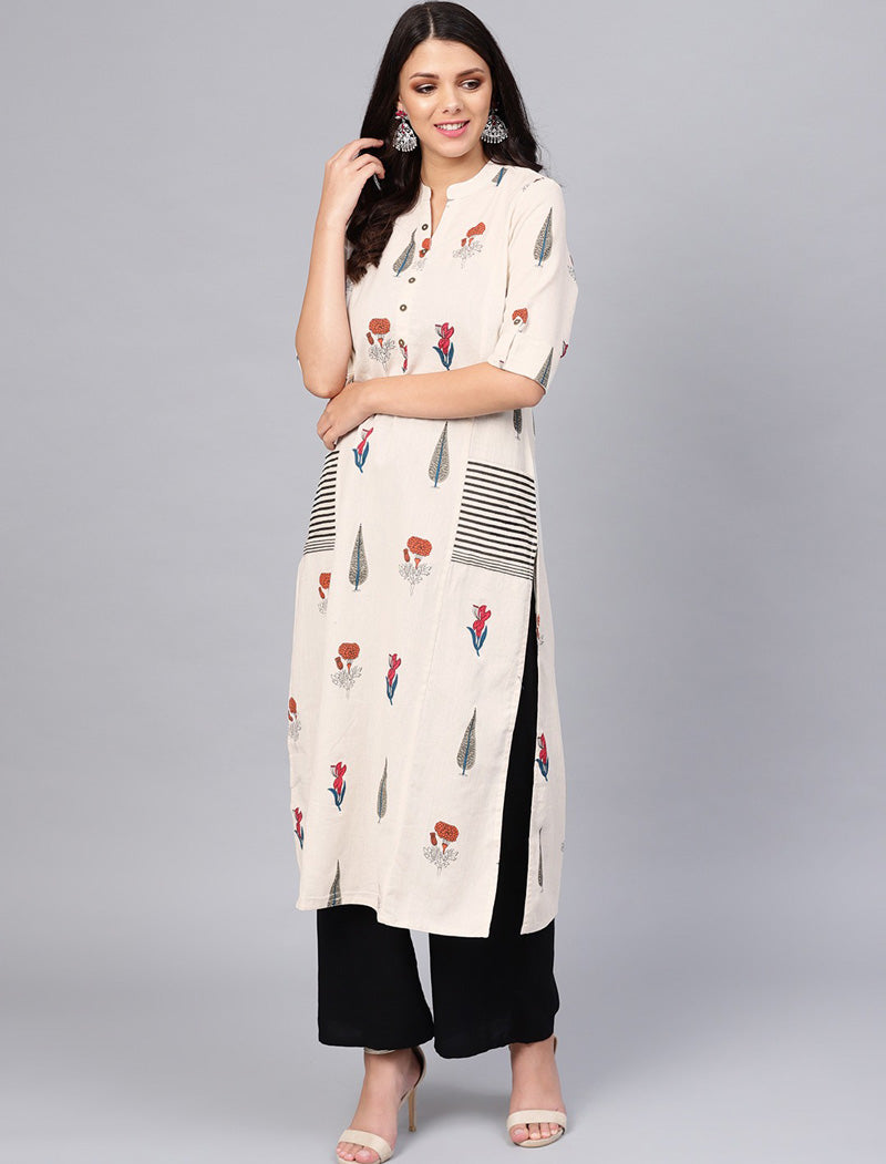 Women Off-White Printed Straight Short Sleeves Two Pockets Kurta