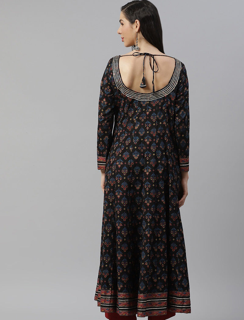 Women Black & Blue Cotton Ethnic Anarkali Kurta