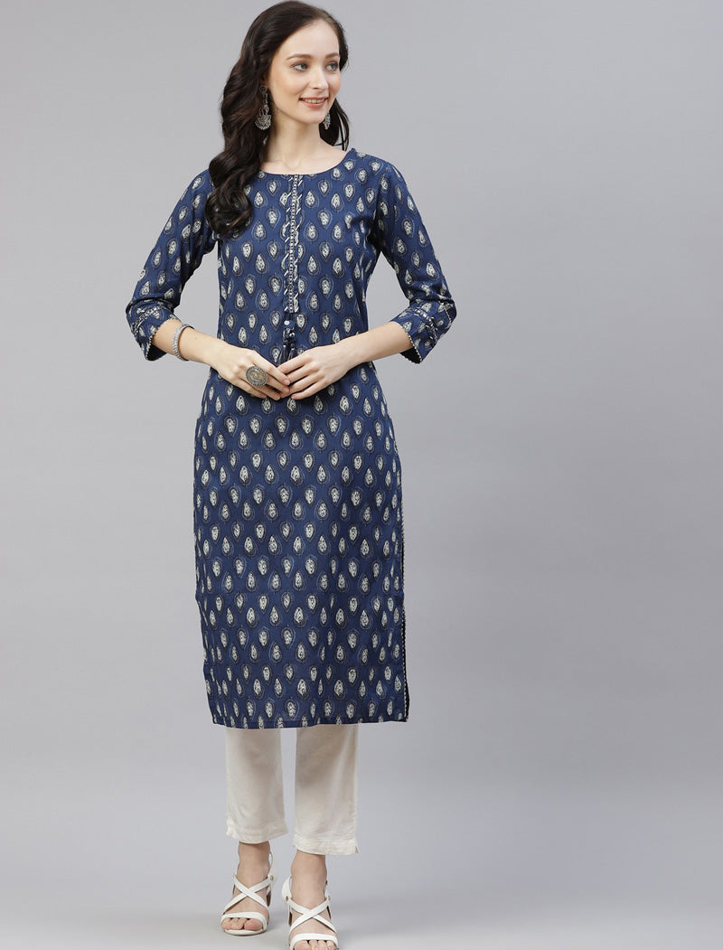 Blue Ethnic Floral Printed Mirror Work Kurta