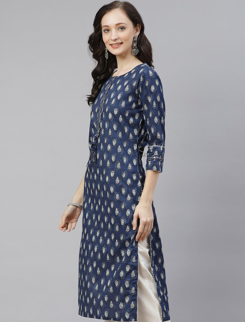 Blue Ethnic Floral Printed Mirror Work Kurta