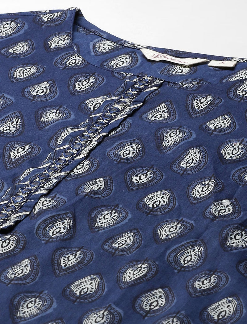 Blue Ethnic Floral Printed Mirror Work Kurta