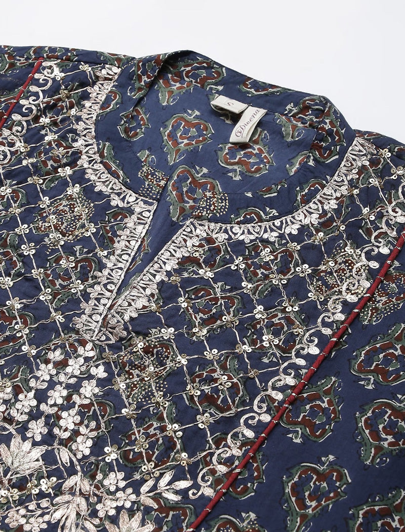 Blue Ethnic Cotton Anarkali Kurta