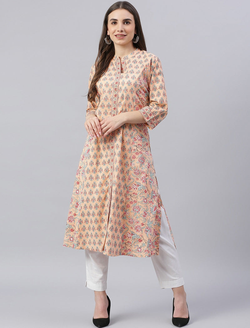 Peach Ethnic Motifs Printed Mandarin Collar Kurta