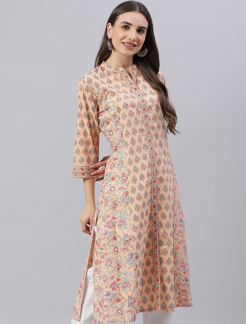 Peach Ethnic Motifs Printed Mandarin Collar Kurta