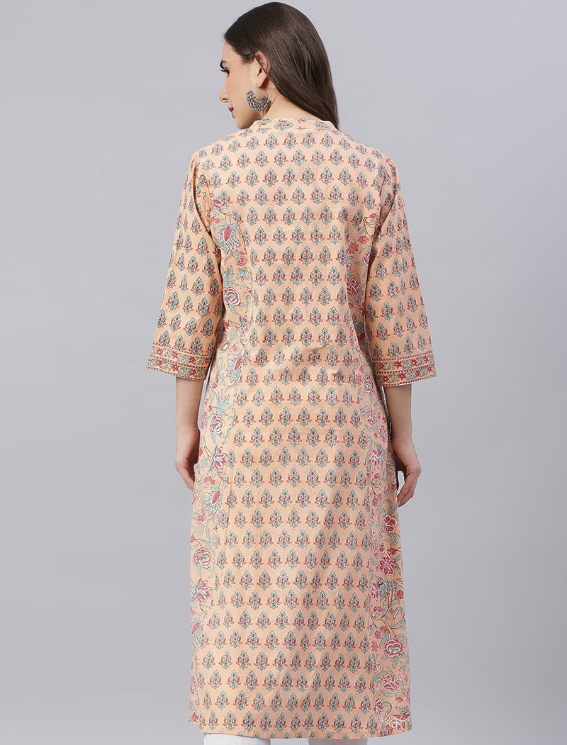 Peach Ethnic Motifs Printed Mandarin Collar Kurta