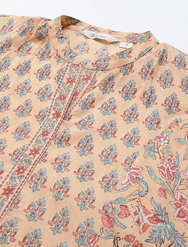 Peach Ethnic Motifs Printed Mandarin Collar Kurta