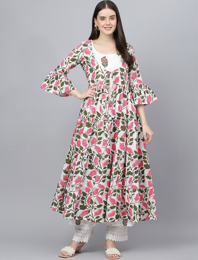 Ethnic Floral Printed Bell Sleeves Floral Anarkali Cotton Kurta