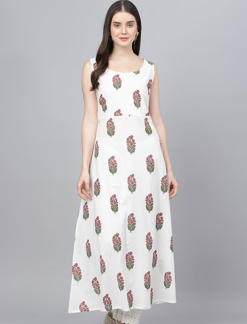 Ethnic Floral Printed Bell Sleeves Floral Anarkali Cotton Kurta