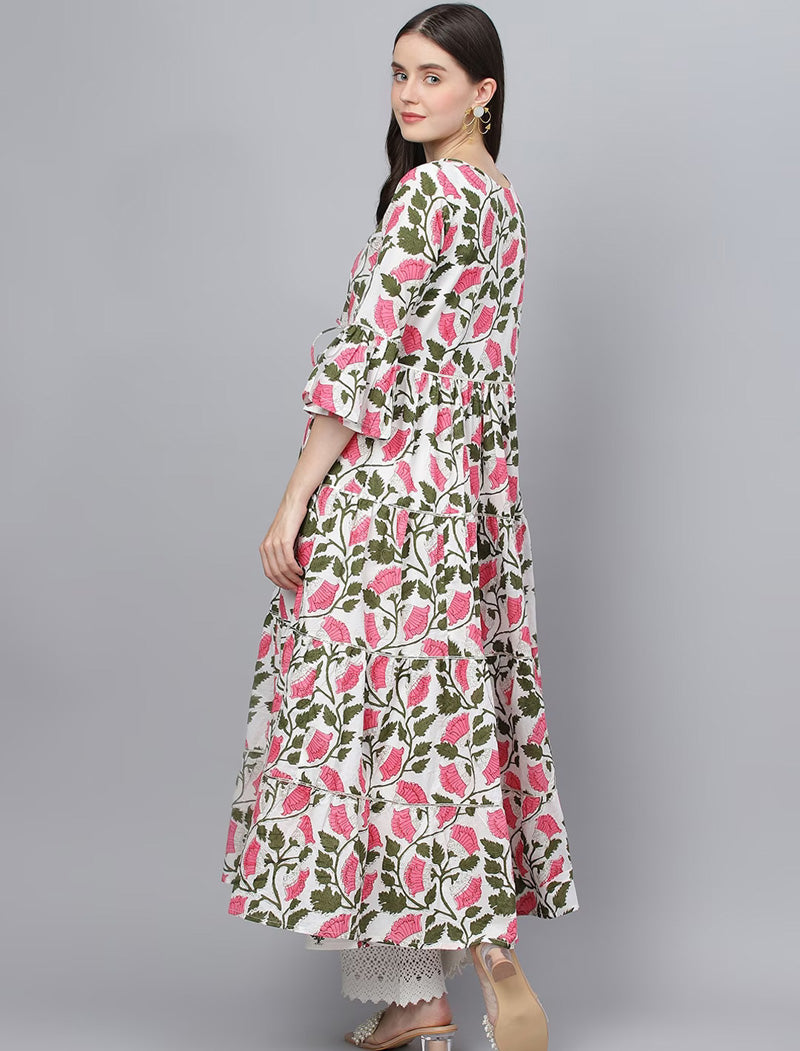 Ethnic Floral Printed Bell Sleeves Floral Anarkali Cotton Kurta