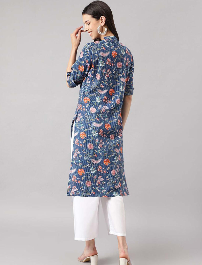 Blue Women Floral Printed Thread Work A-line Shape Pure Cotton Kurta