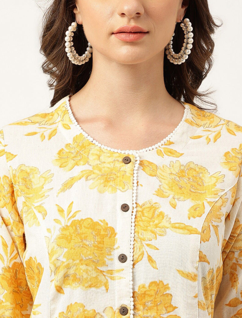Yellow Women Ethnic Floral Printed Cotton A-Line Kurta