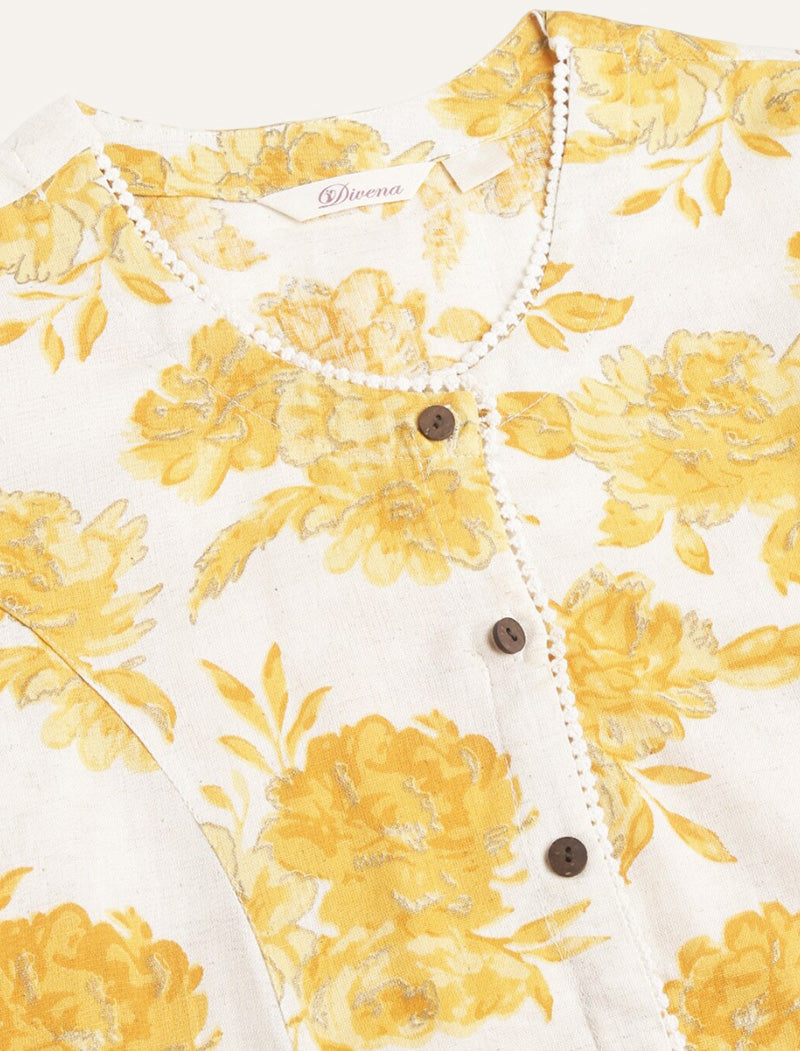 Yellow Women Ethnic Floral Printed Cotton A-Line Kurta