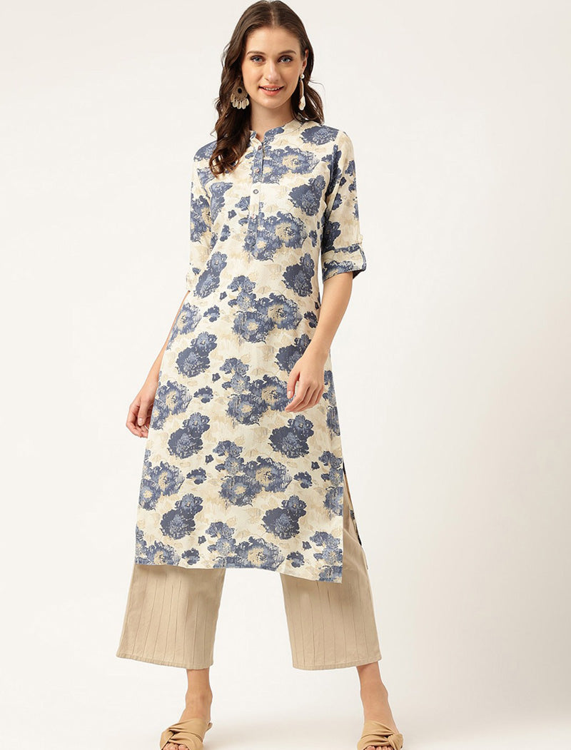 Beige Women Floral Printed Roll-Up Sleeves A-Line Kurta