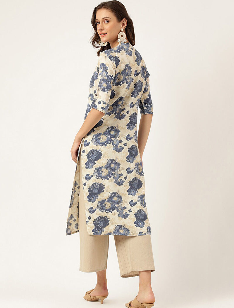 Beige Women Floral Printed Roll-Up Sleeves A-Line Kurta