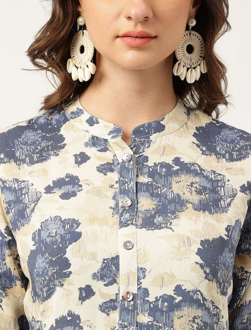 Beige Women Floral Printed Roll-Up Sleeves A-Line Kurta