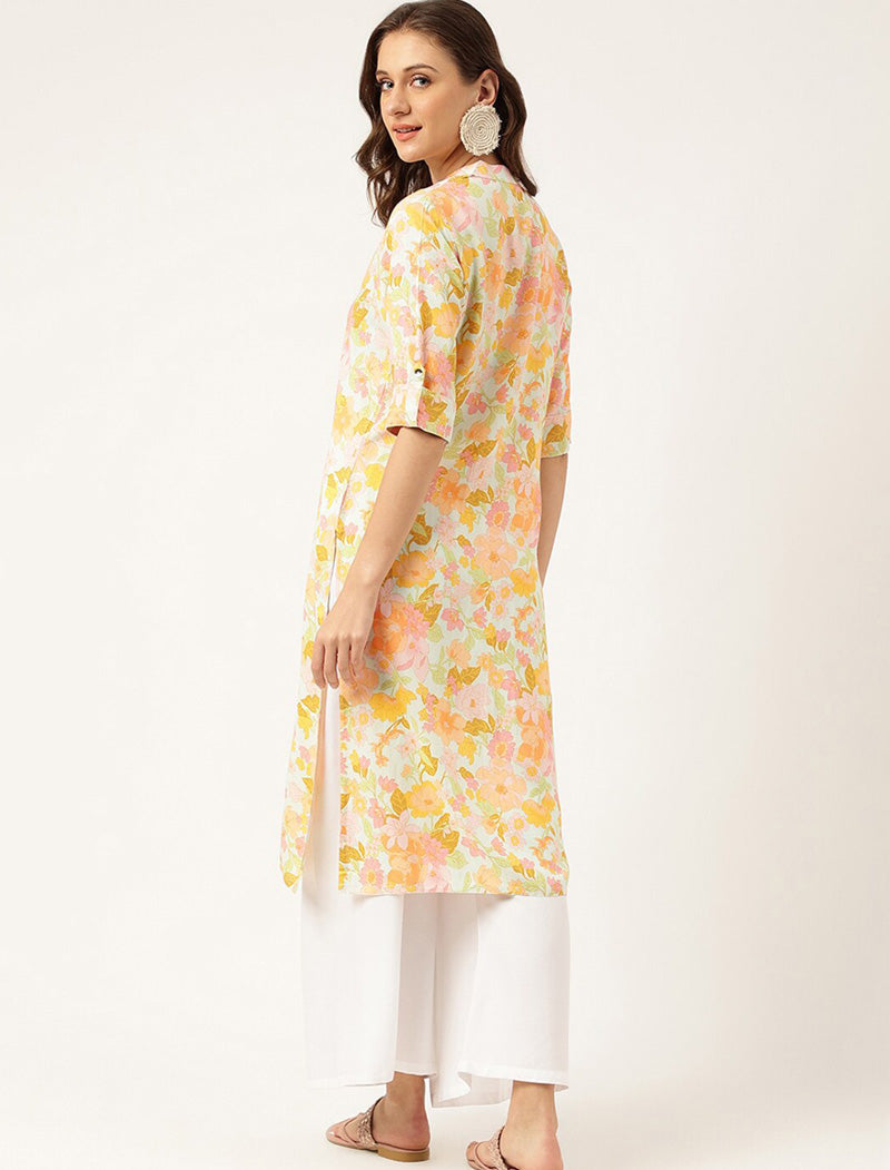 White & Yellow Women Floral Printed Mandarin Collar Kurta