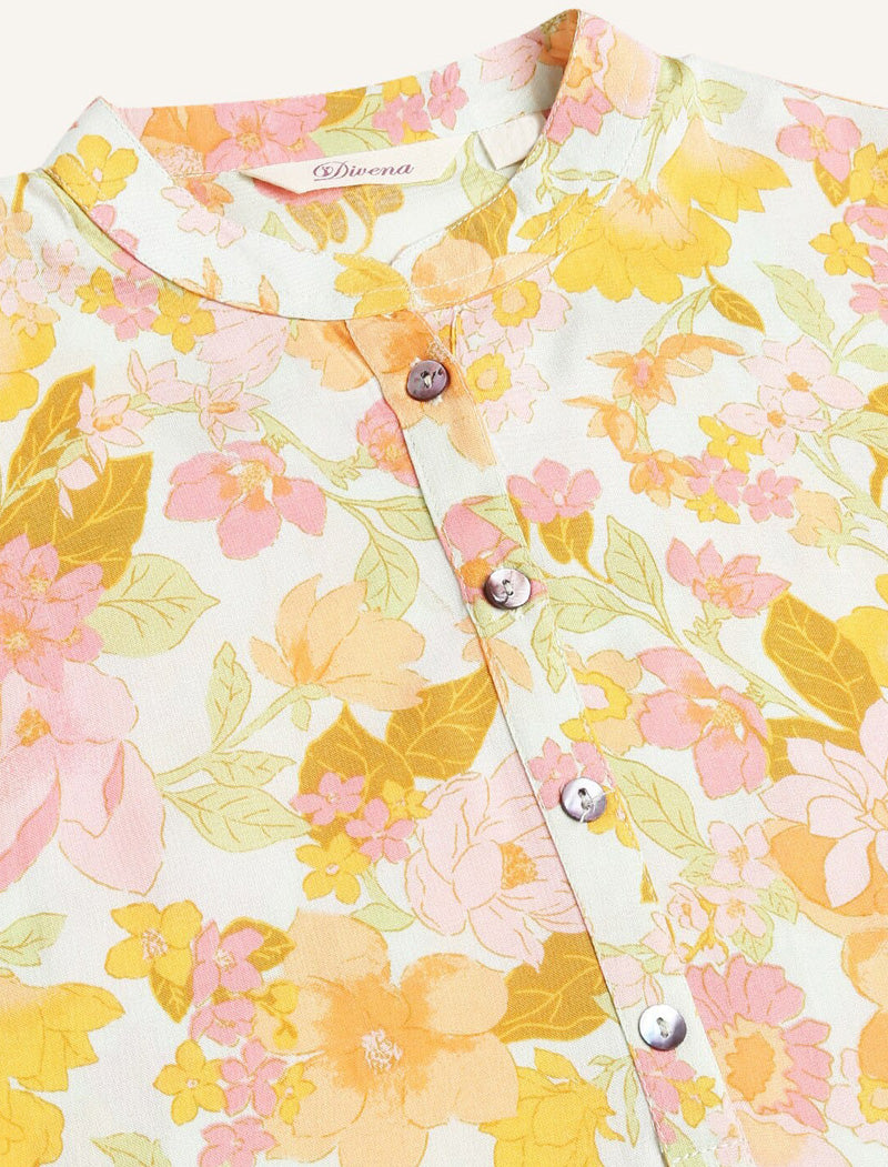 White & Yellow Women Floral Printed Mandarin Collar Kurta