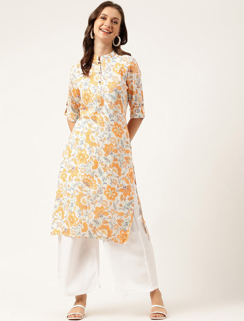 Multi color Women Mandarin Collar Floral Printed Ethnic Kurta