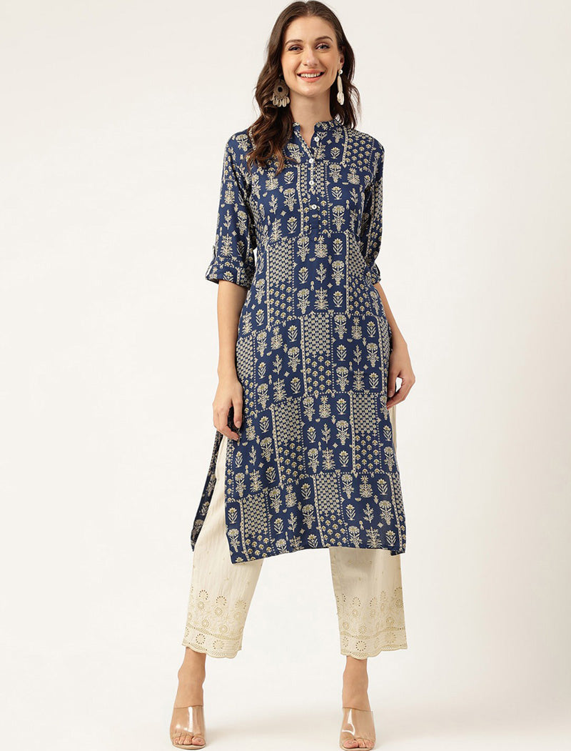 Navy Blue Ethnic Motifs Printed Mandarin Collar Straight Shape Kurta